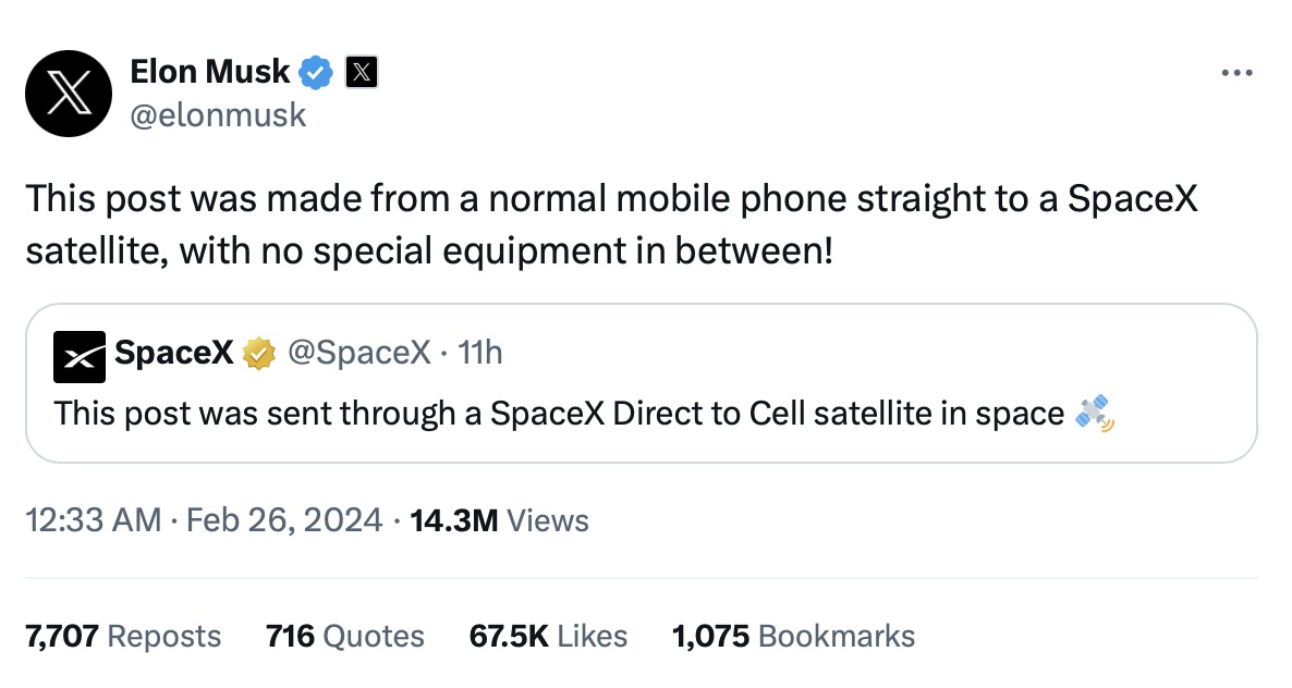 SpaceX and Elon Musk X post using Starlink direct-to-cell